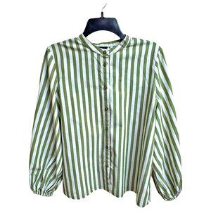 Who What Wear M310 White‎ Moss Striped Balloon Sleeve Button Up Top